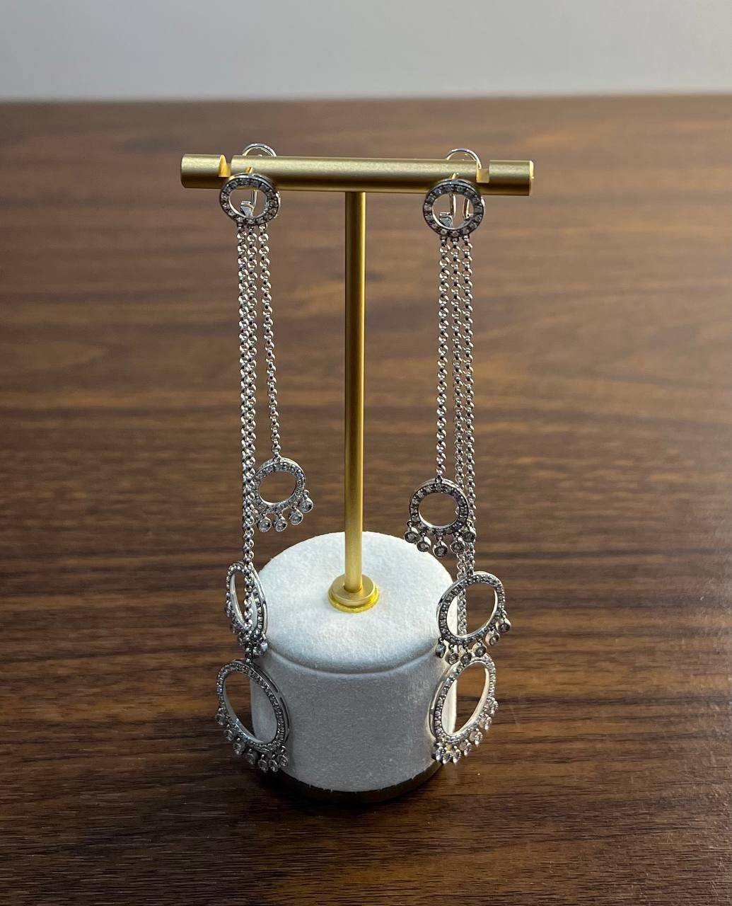 Diamond Circle Chandelier Drop Chain 14K White Gold Statement Drop Earrings