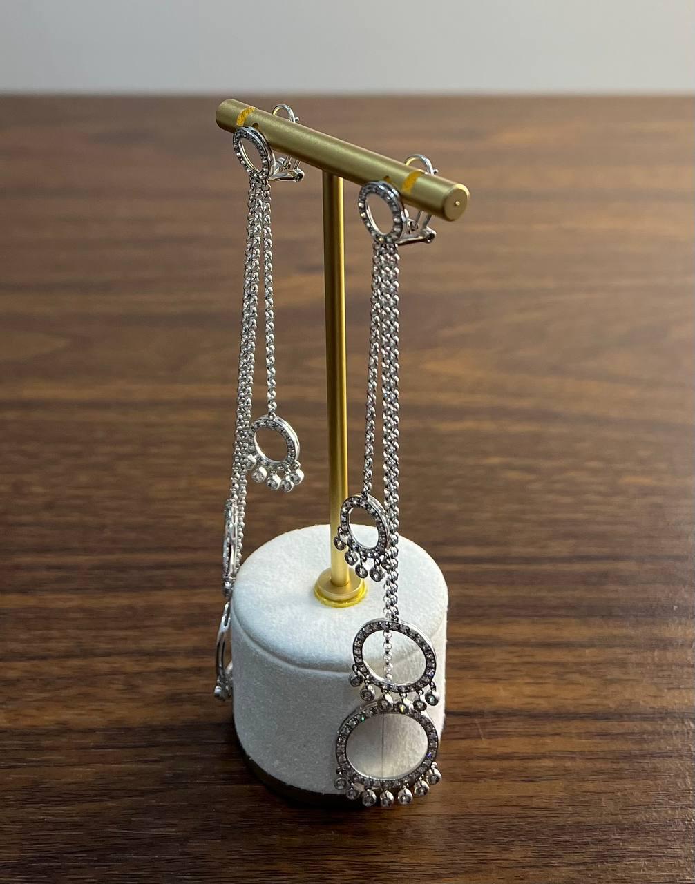 Diamond Circle Chandelier Drop Chain 14K White Gold Statement Drop Earrings