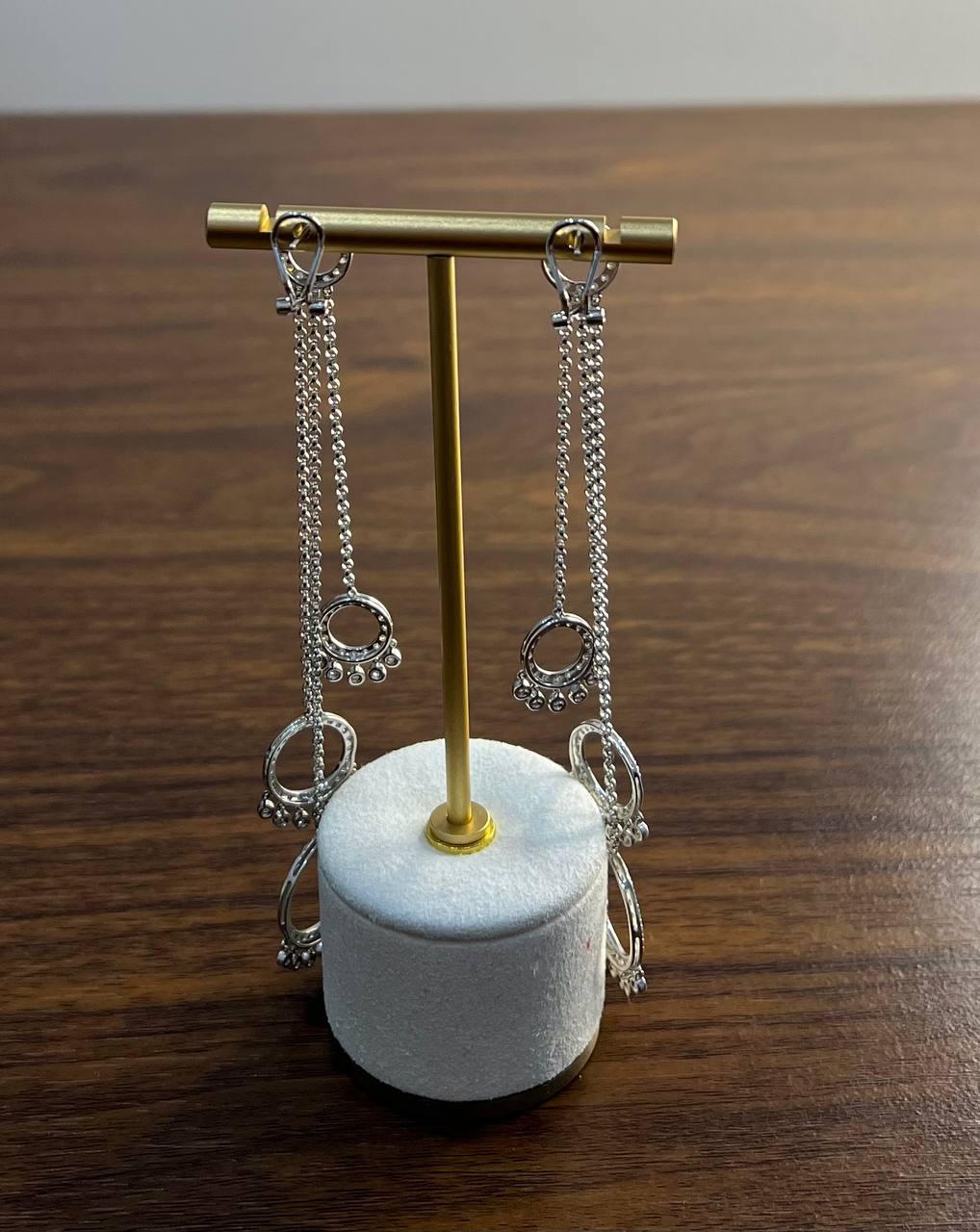 Diamond Circle Chandelier Drop Chain 14K White Gold Statement Drop Earrings