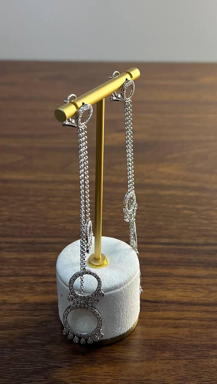 Diamond Circle Chandelier Drop Chain 14K White Gold Statement Drop Earrings