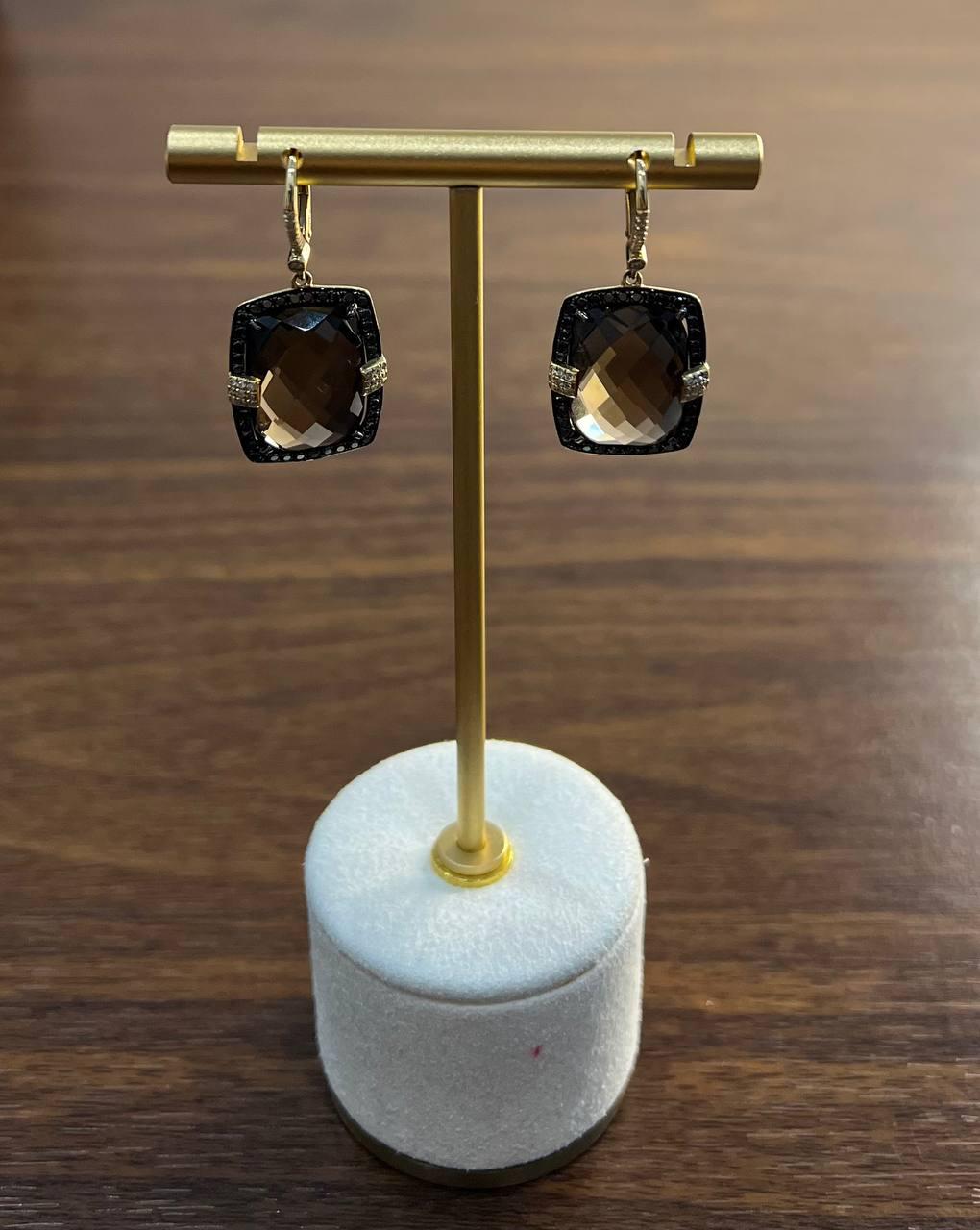 Brown Smokey Quartz Black Diamonds Pave Set 14K Gold Statement Earrings