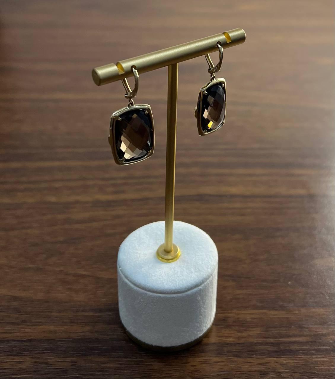 Brown Smokey Quartz Black Diamonds Pave Set 14K Gold Statement Earrings