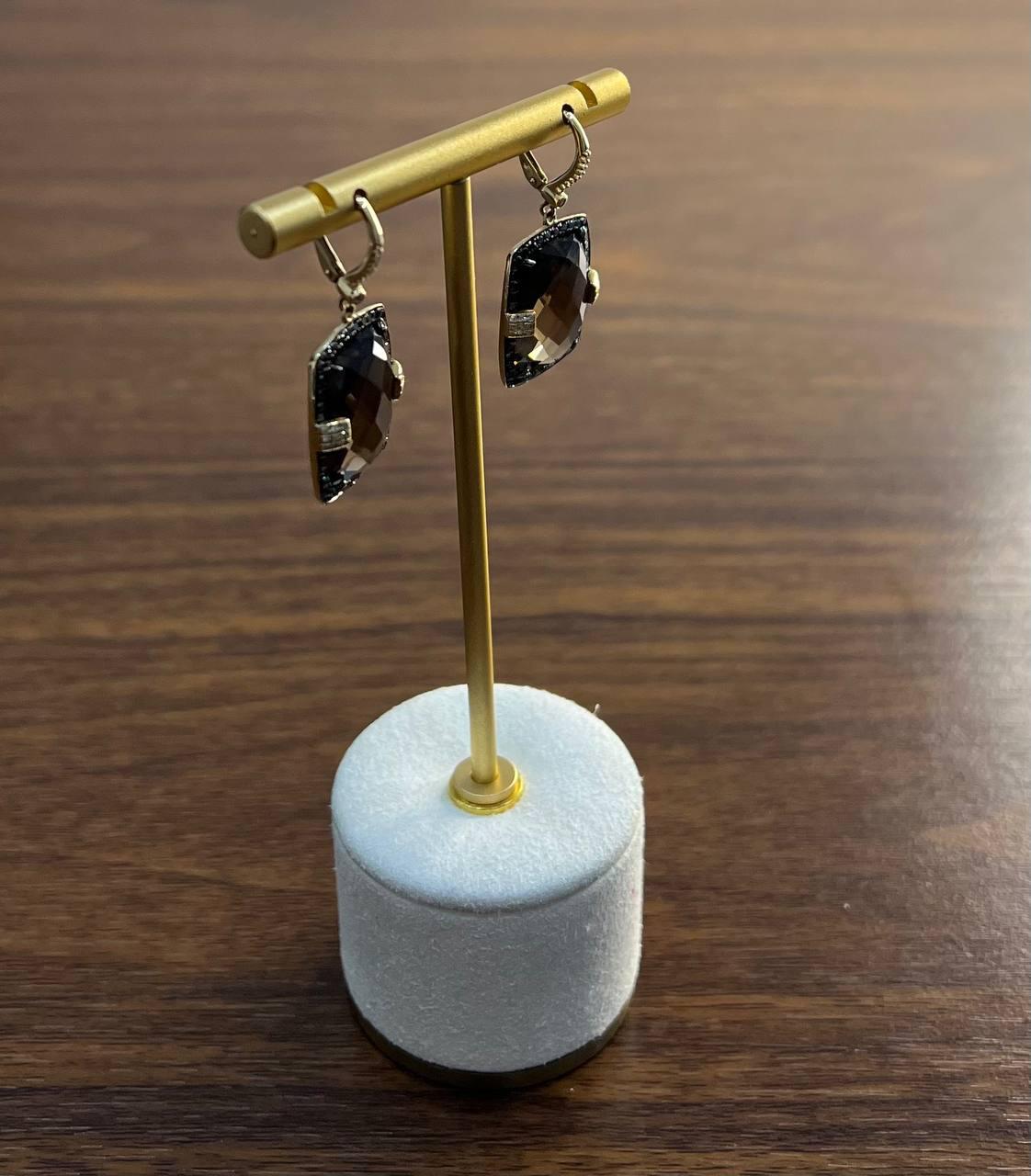 Brown Smokey Quartz Black Diamonds Pave Set 14K Gold Statement Earrings