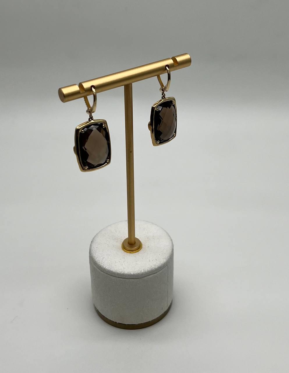 Brown Smokey Quartz Black Diamonds Pave Set 14K Gold Statement Earrings