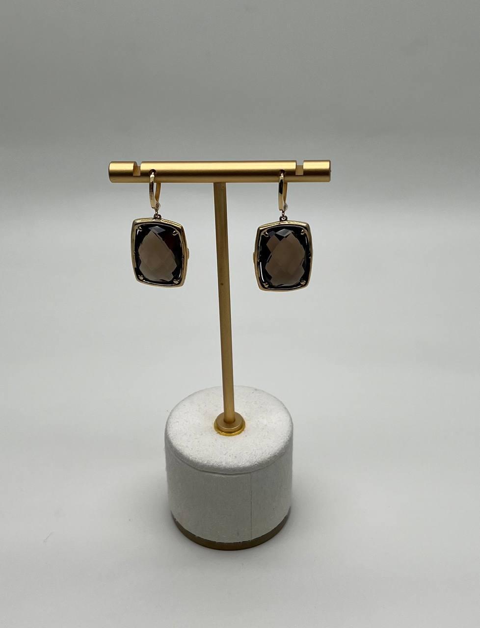 Brown Smokey Quartz Black Diamonds Pave Set 14K Gold Statement Earrings