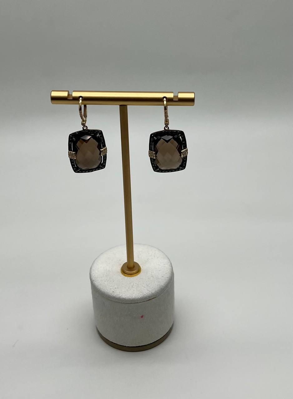 Brown Smokey Quartz Black Diamonds Pave Set 14K Gold Statement Earrings