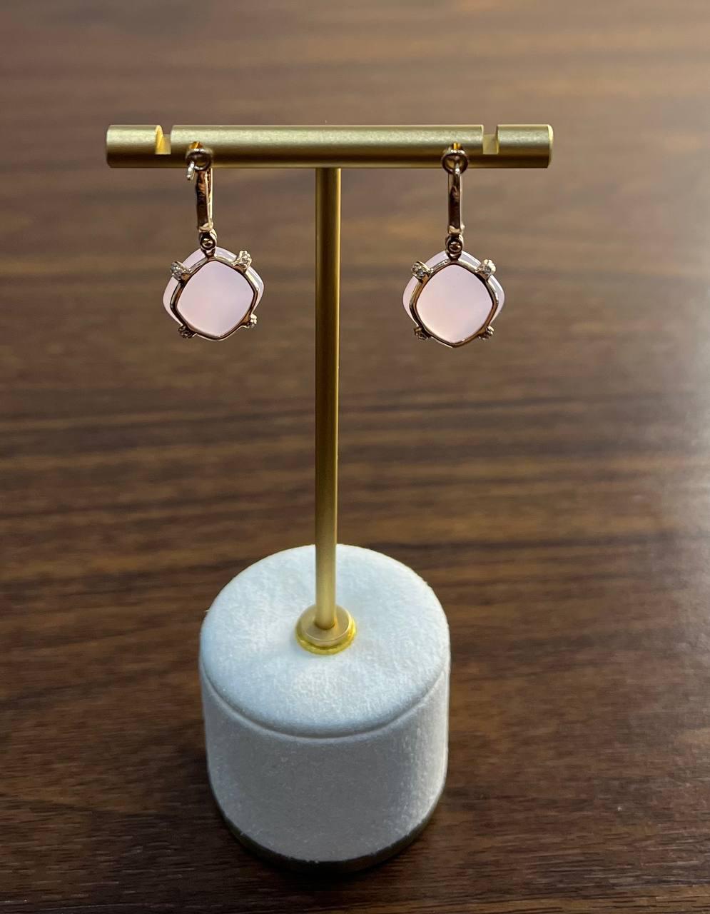 Cushion Shape Cab Pink Rose Quartz Diamond Accents 14K Yellow Gold Drop Earrings