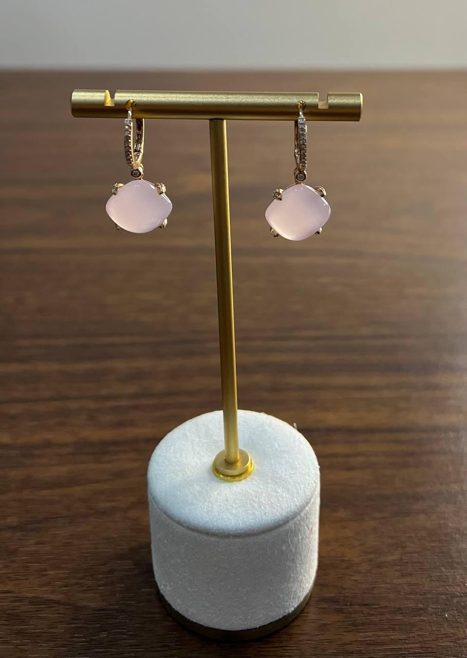 Cushion Shape Cab Pink Rose Quartz Diamond Accents 14K Yellow Gold Drop Earrings