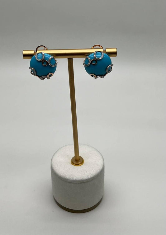 Teal Blue Round Turquoise Diamond Halo Swirl Design 14K Rose Gold Stud Earrings