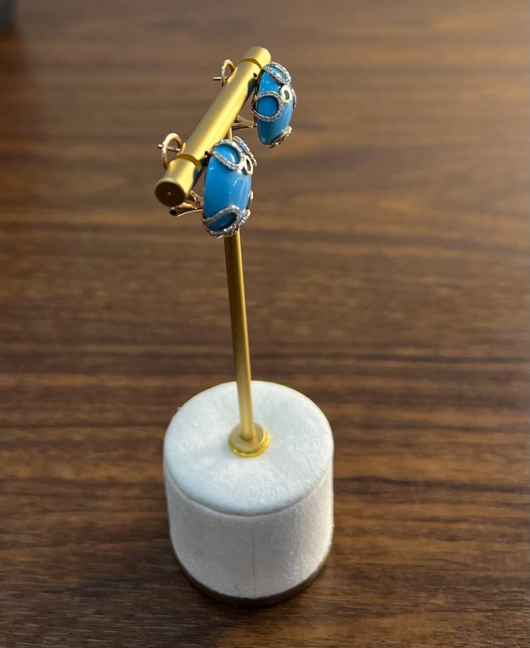 Teal Blue Round Turquoise Diamond Halo Swirl Design 14K Rose Gold Stud Earrings