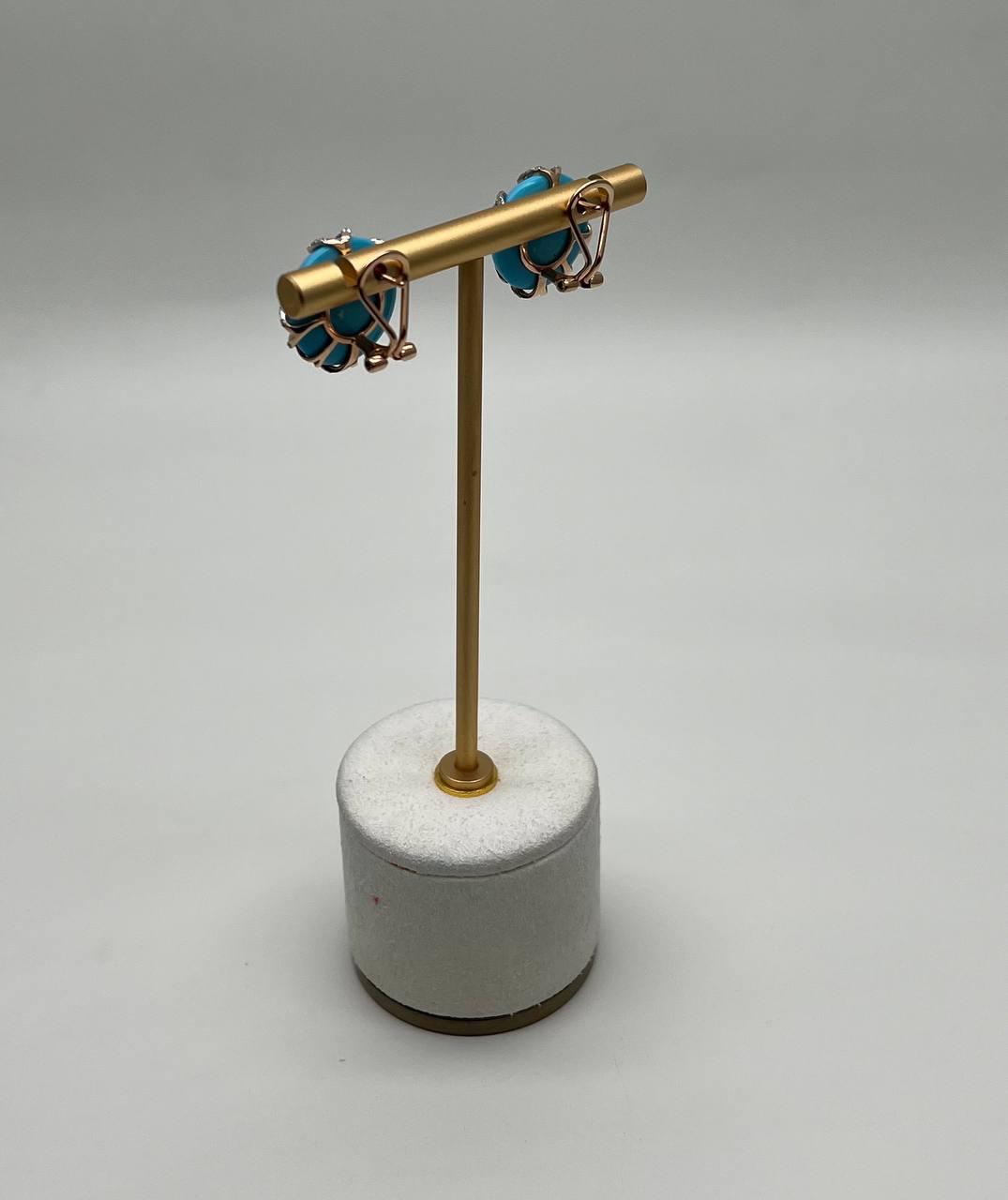 Teal Blue Round Turquoise Diamond Halo Swirl Design 14K Rose Gold Stud Earrings