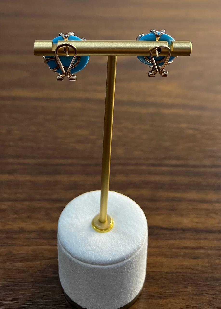 Teal Blue Round Turquoise Diamond Halo Swirl Design 14K Rose Gold Stud Earrings
