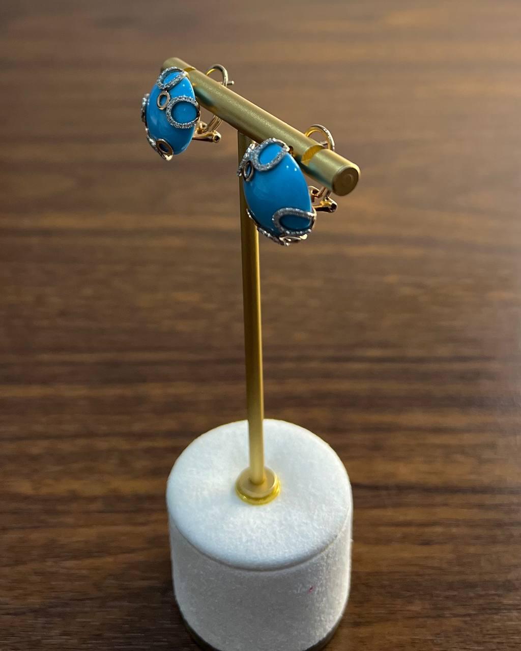 Teal Blue Round Turquoise Diamond Halo Swirl Design 14K Rose Gold Stud Earrings