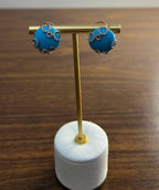Teal Blue Round Turquoise Diamond Halo Swirl Design 14K Rose Gold Stud Earrings