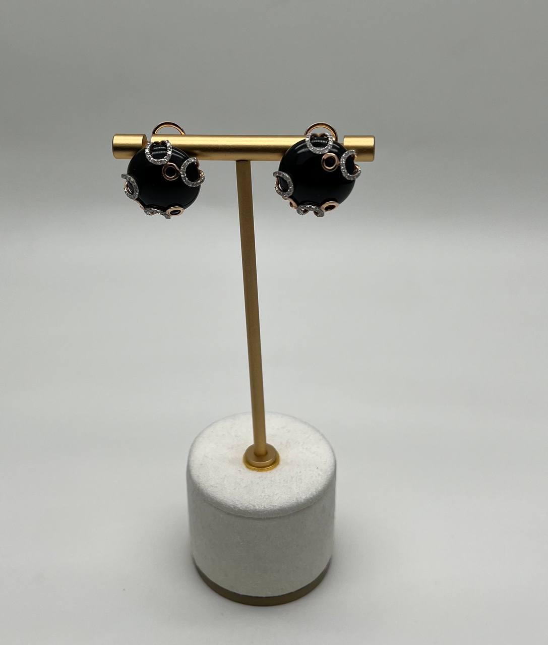 Round Black Onyx Cabochons Diamonds Swirl Scroll 14K Rose Gold Stud Earrings