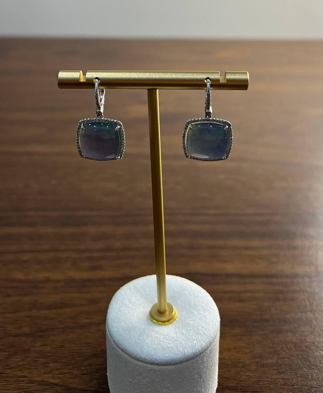 Cabochon Sugarloaf Blue Tourmaline Indicolite Diamond Halo White Gold Earrings