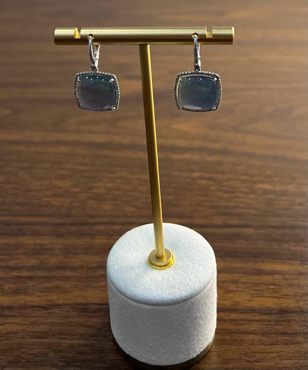 Cabochon Sugarloaf Blue Tourmaline Indicolite Diamond Halo White Gold Earrings
