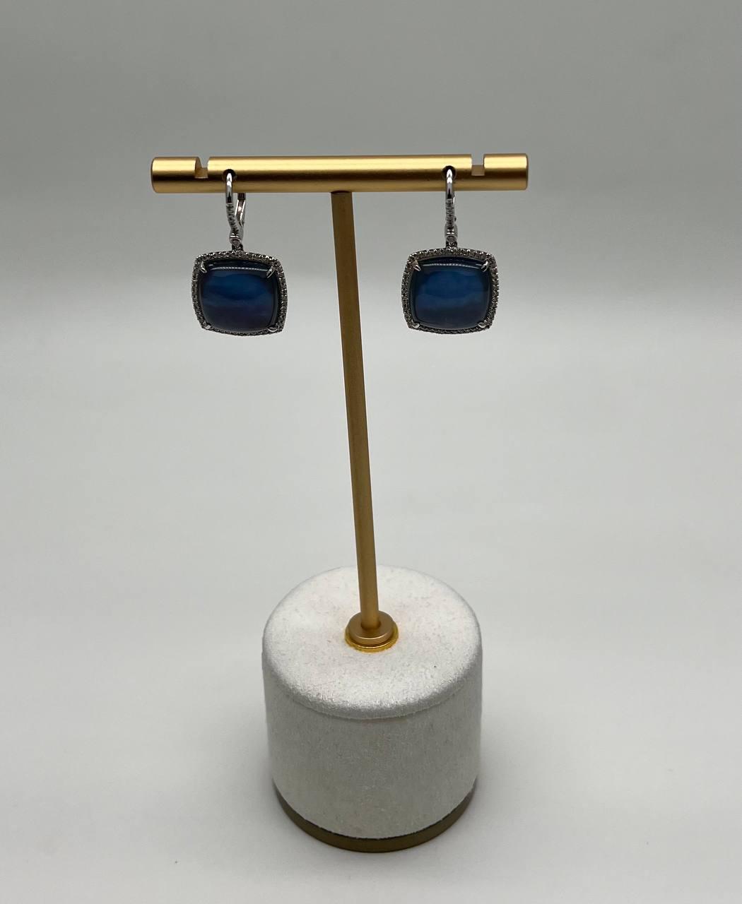 Cabochon Sugarloaf Blue Tourmaline Indicolite Diamond Halo White Gold Earrings