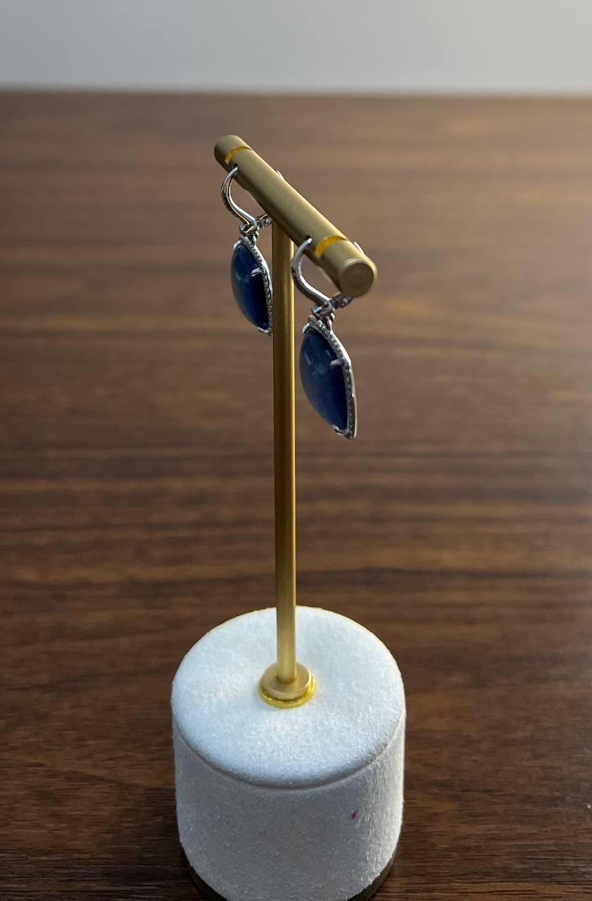 Cabochon Sugarloaf Blue Tourmaline Indicolite Diamond Halo White Gold Earrings