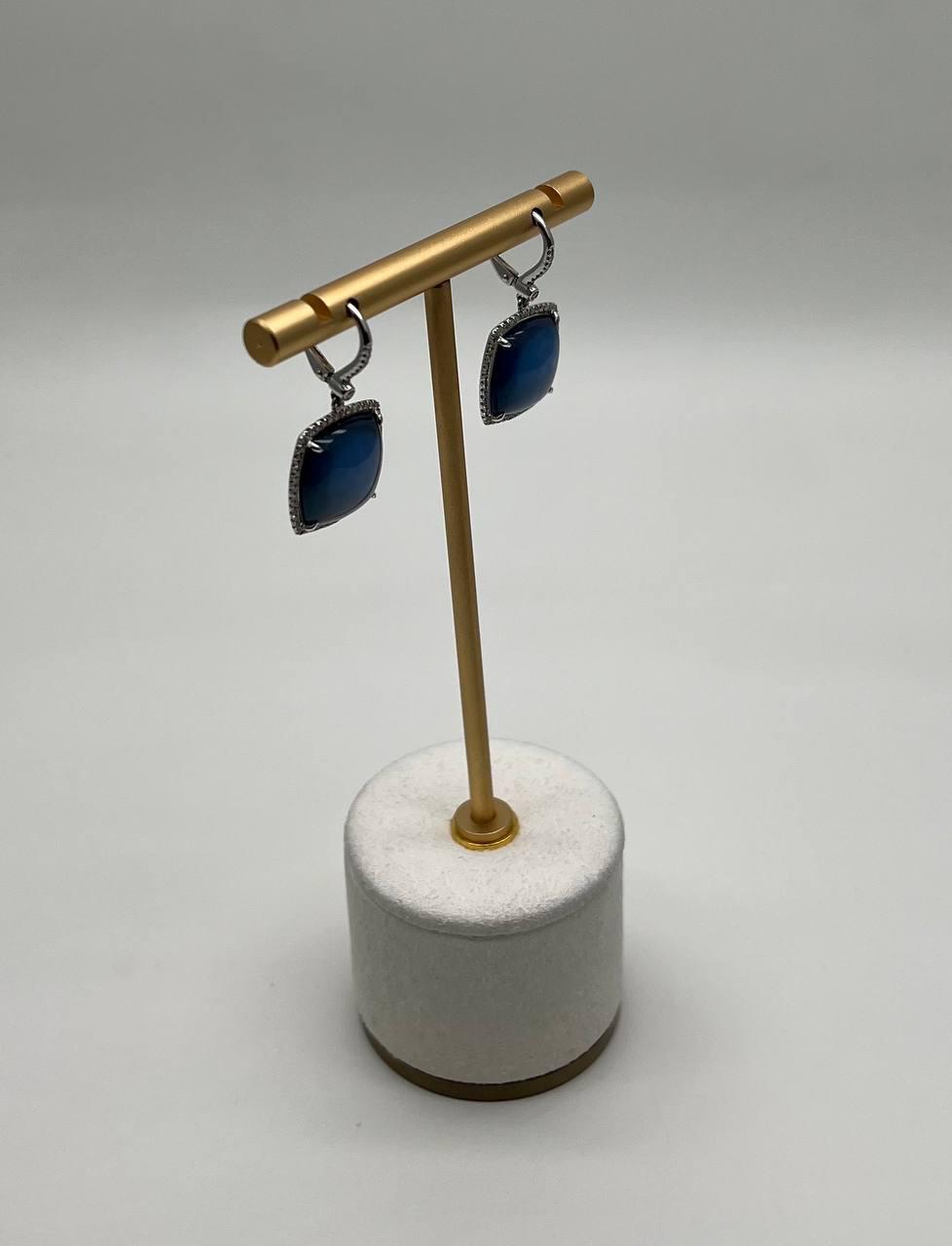 Cabochon Sugarloaf Blue Tourmaline Indicolite Diamond Halo White Gold Earrings