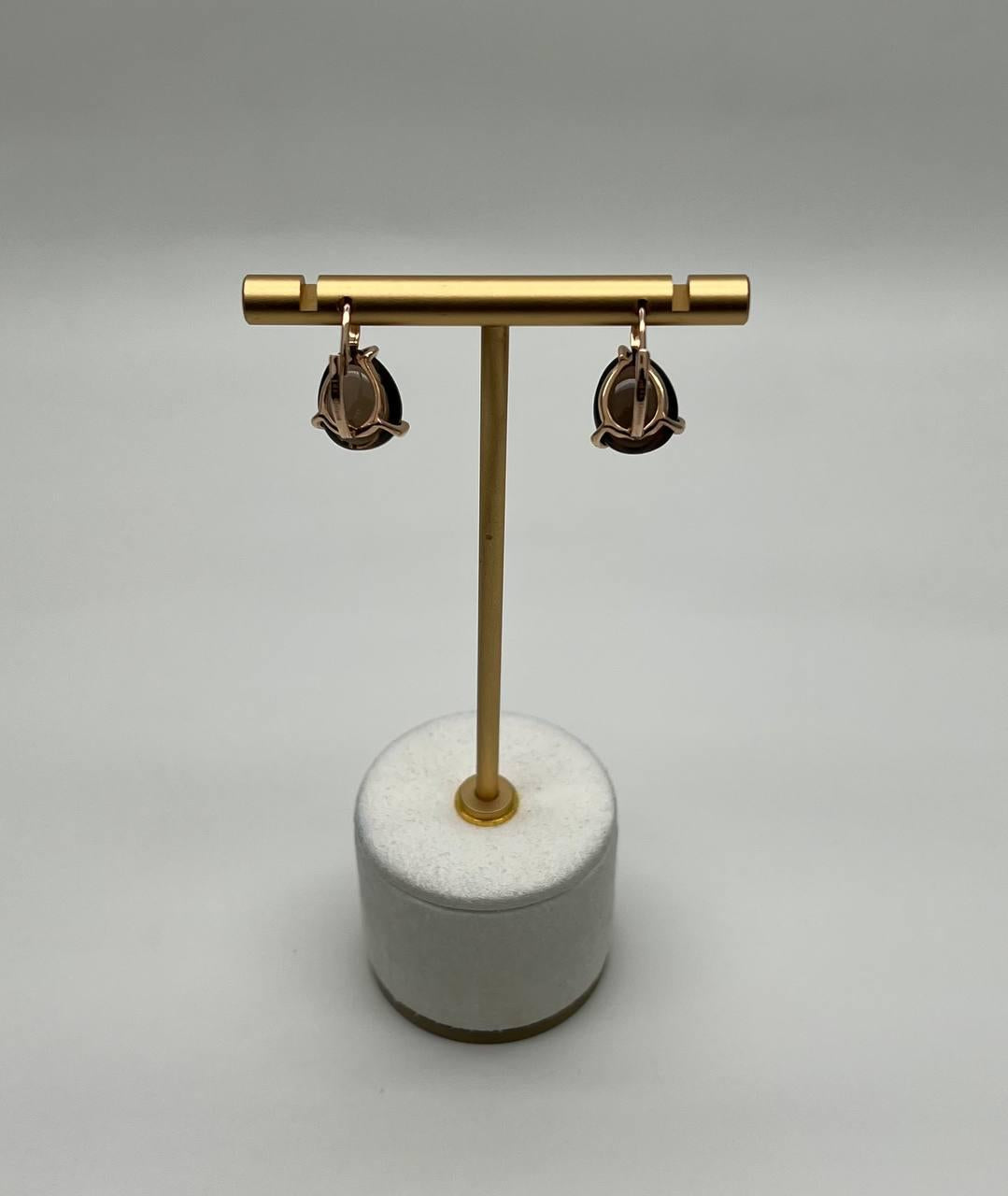 Dark Brown Smoky Quartz Diamond 14K Yellow Gold Cabochon Statement Earrings