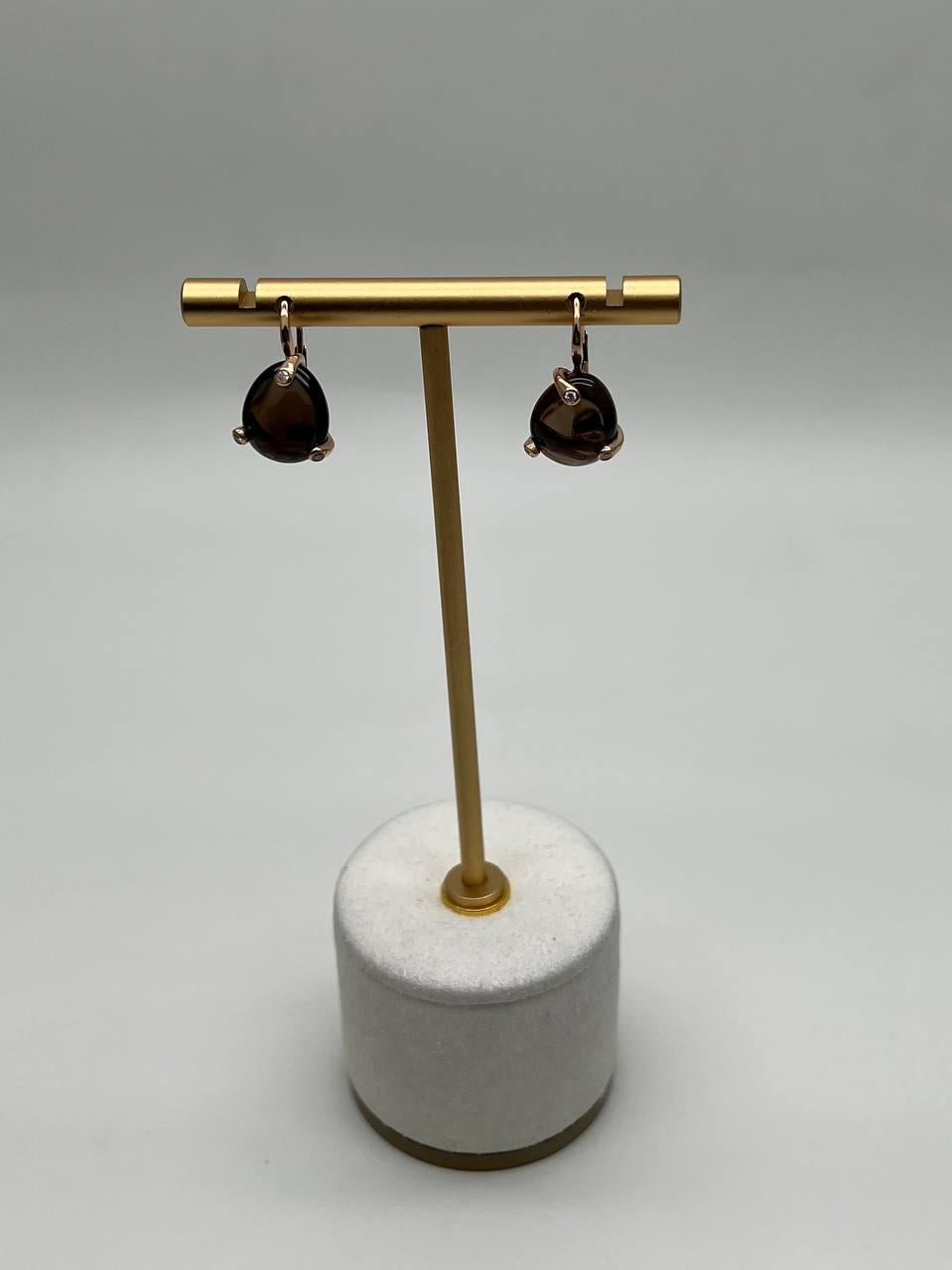 Dark Brown Smoky Quartz Diamond 14K Yellow Gold Cabochon Statement Earrings