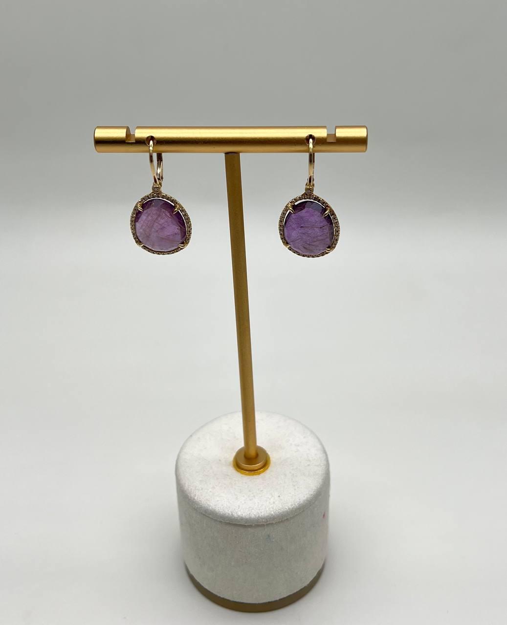 Oval Shape Purple Violet Amethyst Cabochons 14K Yellow Gold Diamonds Earrings