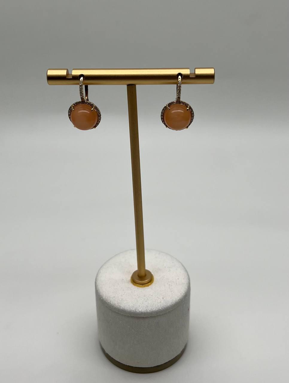 Peach Orange Moonstone Diamonds Halo 14K Yellow Gold Drop Earrings
