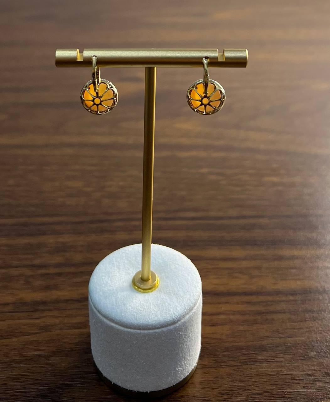 Peach Orange Moonstone Diamonds Halo 14K Yellow Gold Drop Earrings