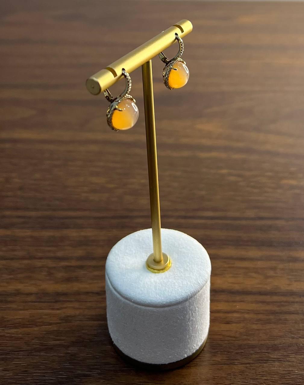 Peach Orange Moonstone Diamonds Halo 14K Yellow Gold Drop Earrings