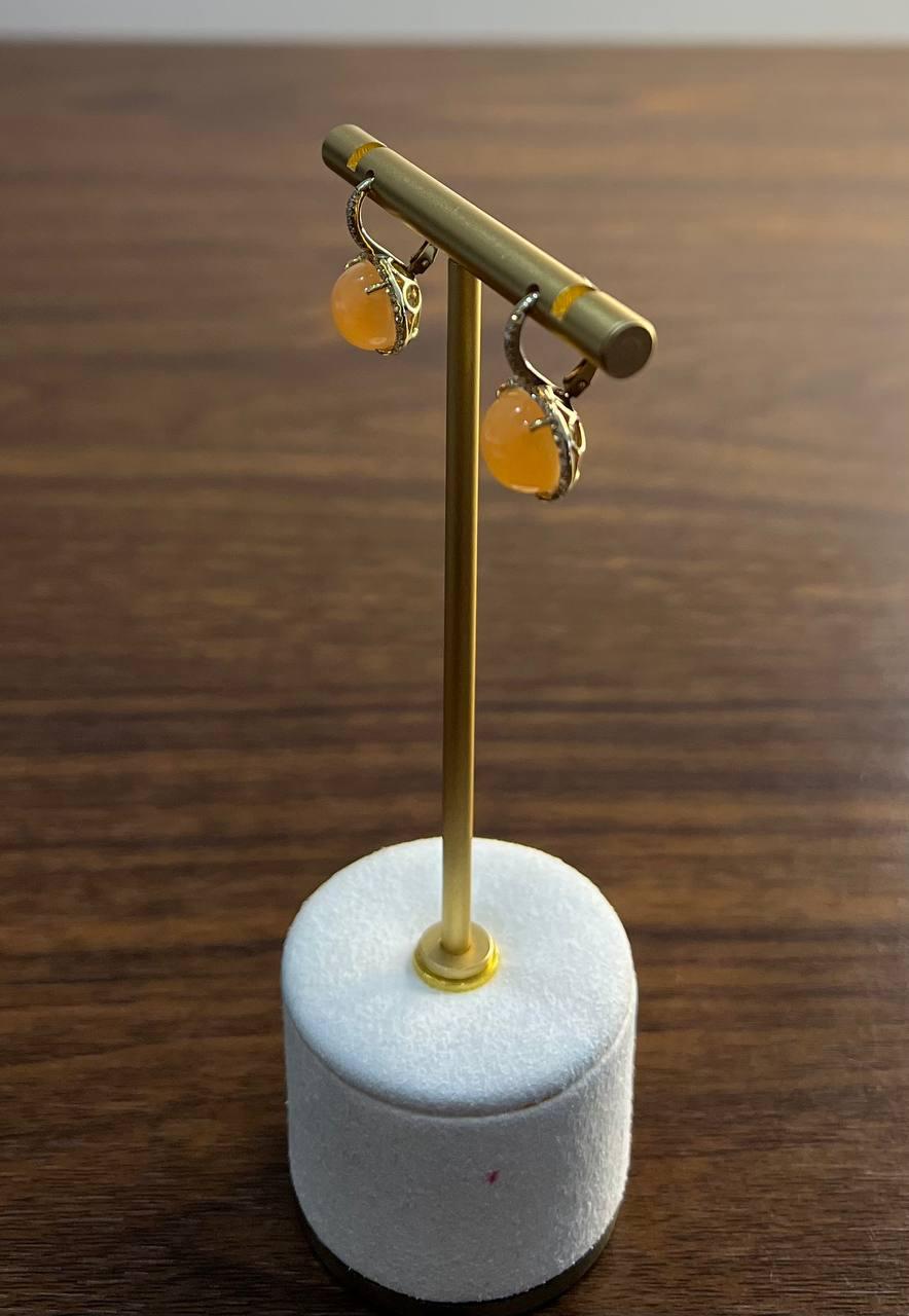 Peach Orange Moonstone Diamonds Halo 14K Yellow Gold Drop Earrings