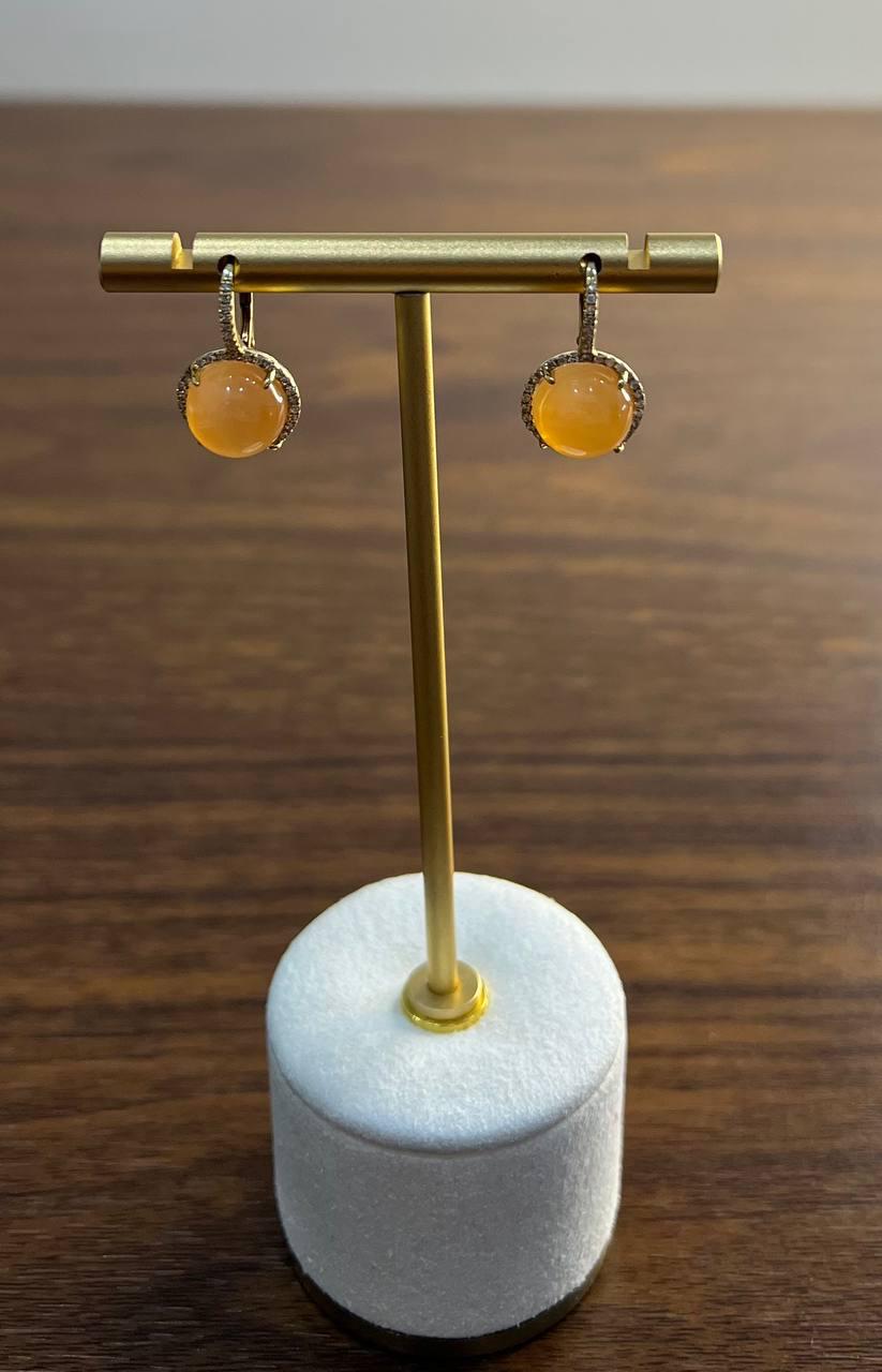 Peach Orange Moonstone Diamonds Halo 14K Yellow Gold Drop Earrings