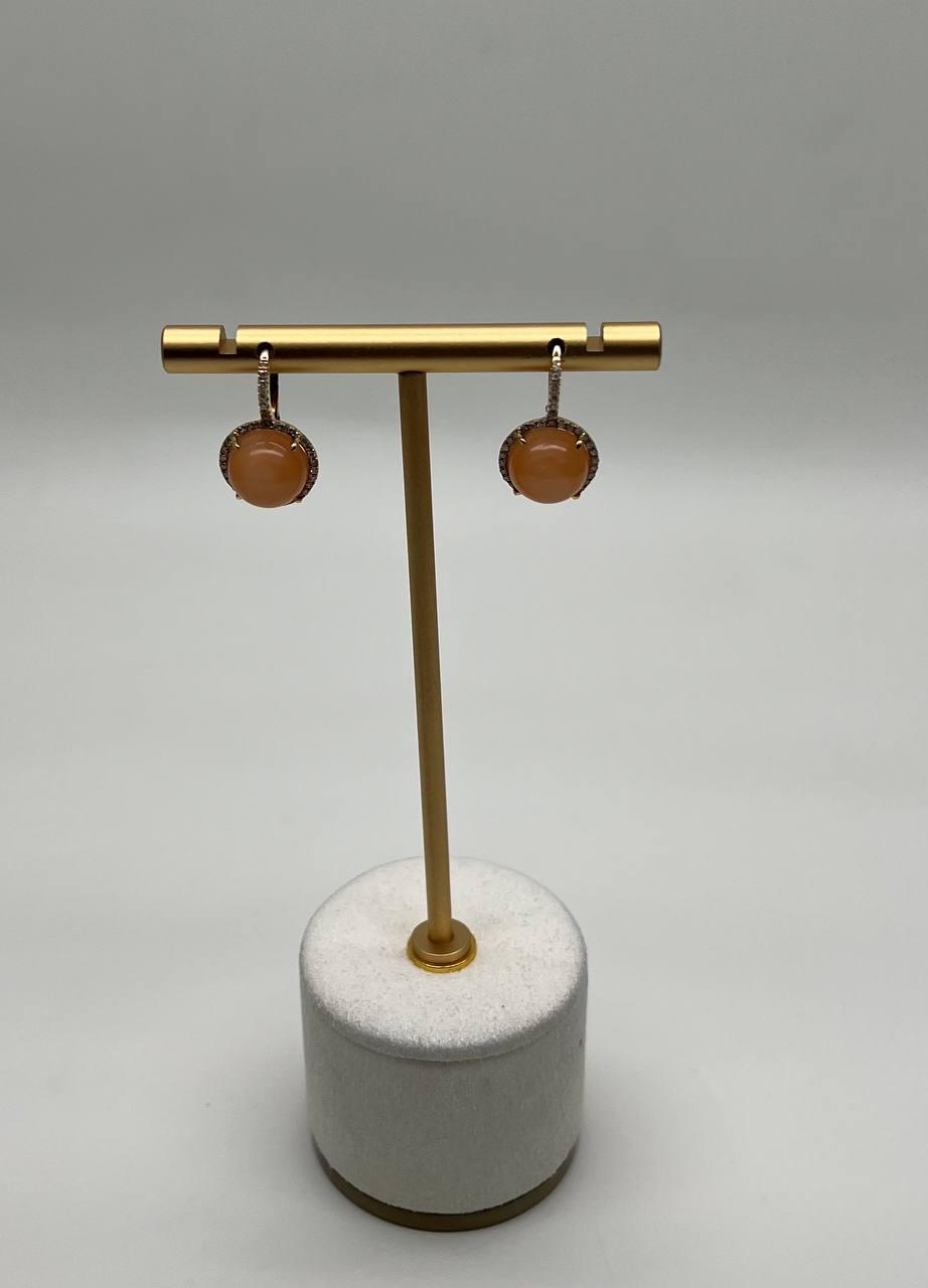 Peach Orange Moonstone Diamonds Halo 14K Yellow Gold Drop Earrings