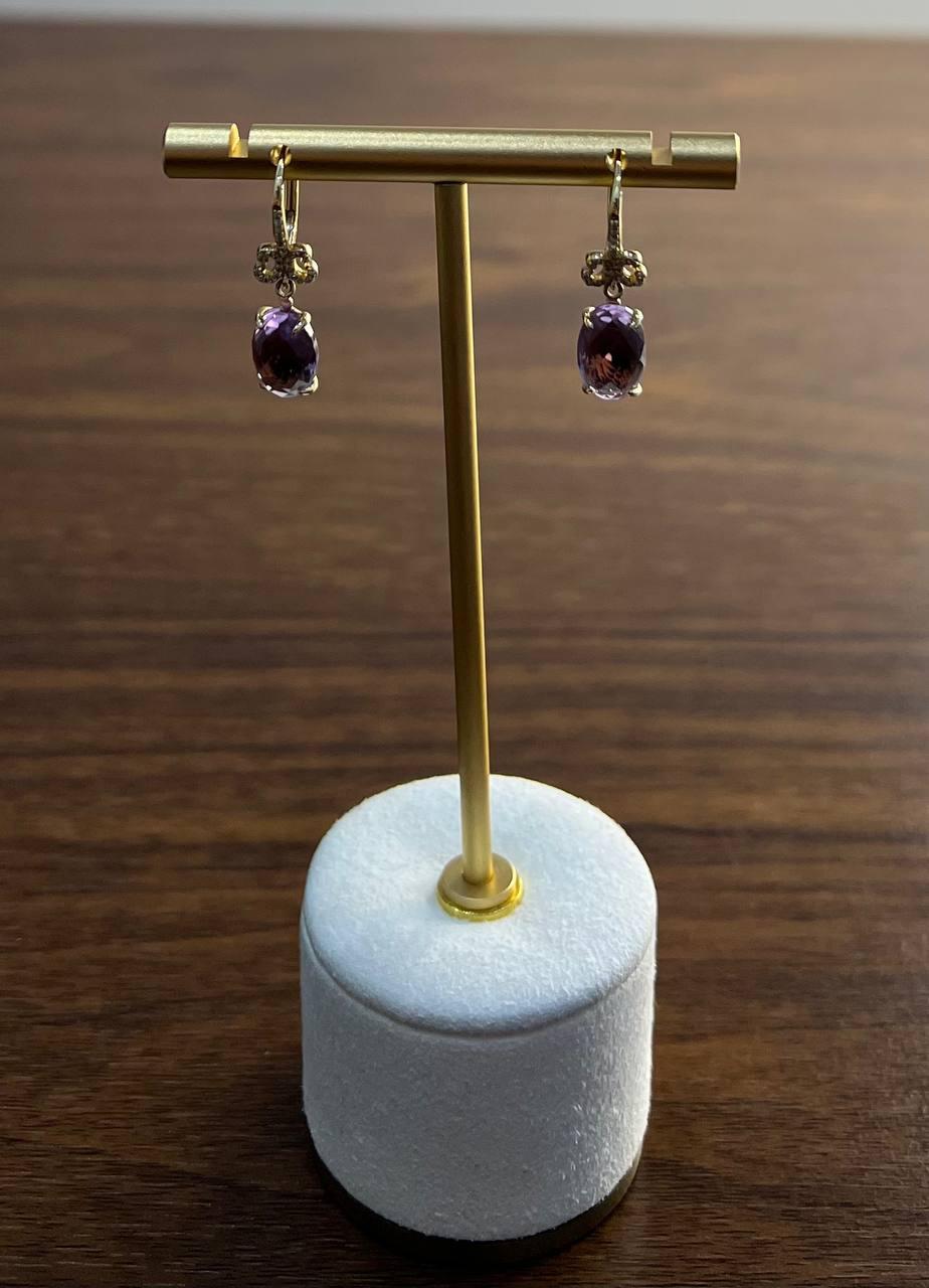 Oval Cut Purple Violet Amethyst 14K Yellow Gold Diamond Drop Statement Earrings