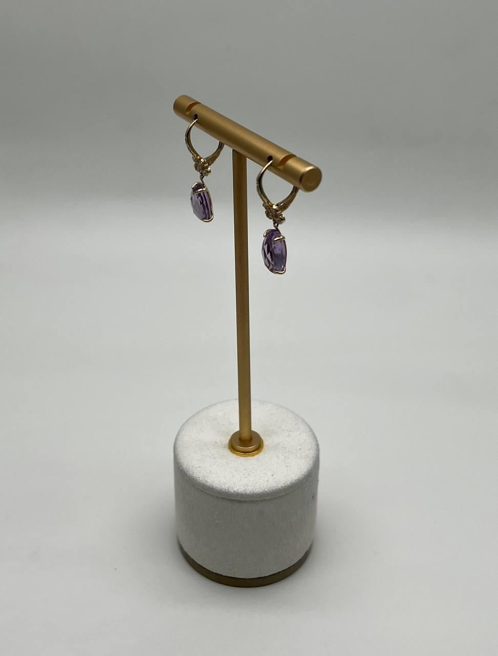 Oval Cut Purple Violet Amethyst 14K Yellow Gold Diamond Drop Statement Earrings