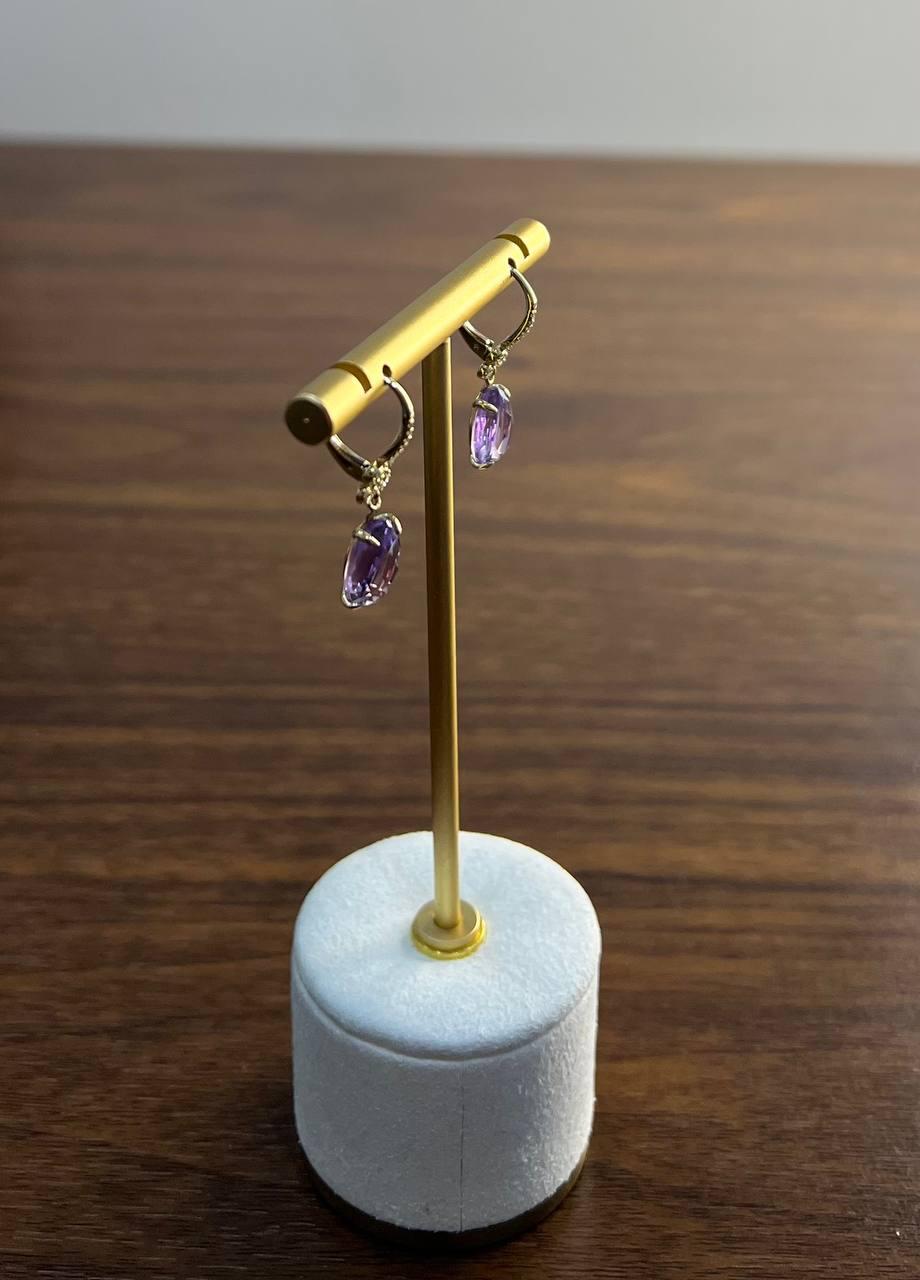 Oval Cut Purple Violet Amethyst 14K Yellow Gold Diamond Drop Statement Earrings