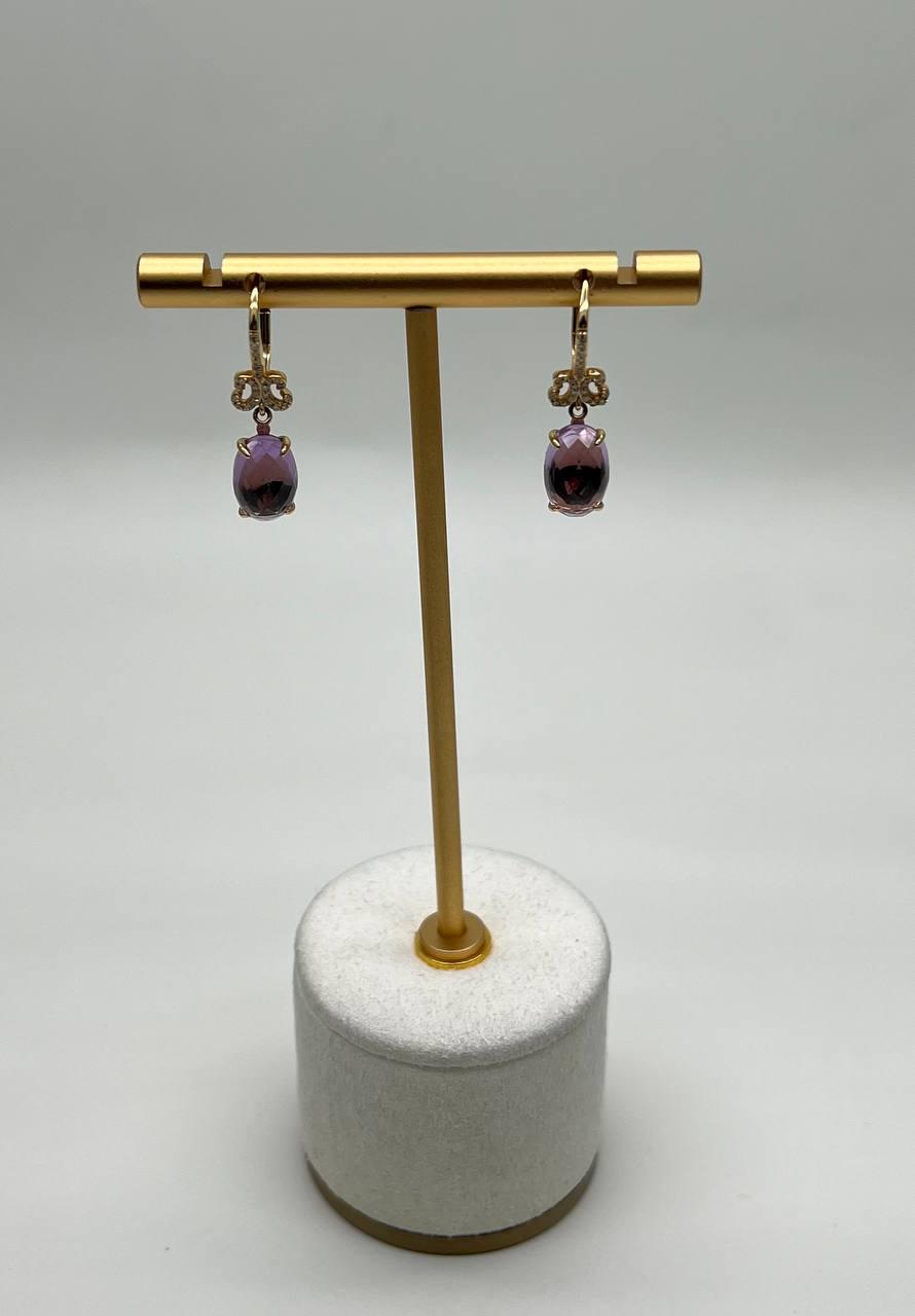 Oval Cut Purple Violet Amethyst 14K Yellow Gold Diamond Drop Statement Earrings