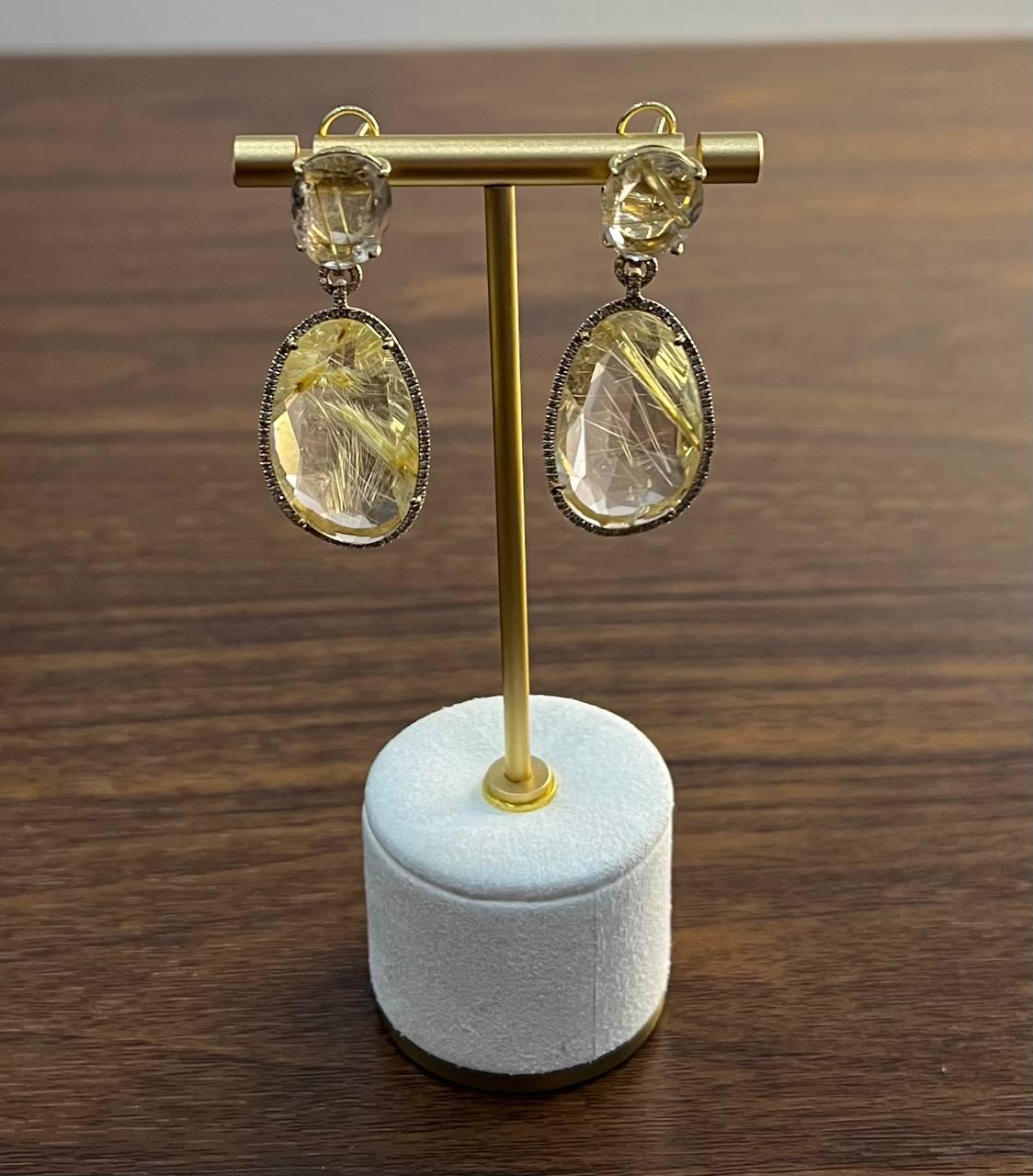Free Shape Rutilated Rose Peach Quartz Diamond Halo 4K Gold Earrings