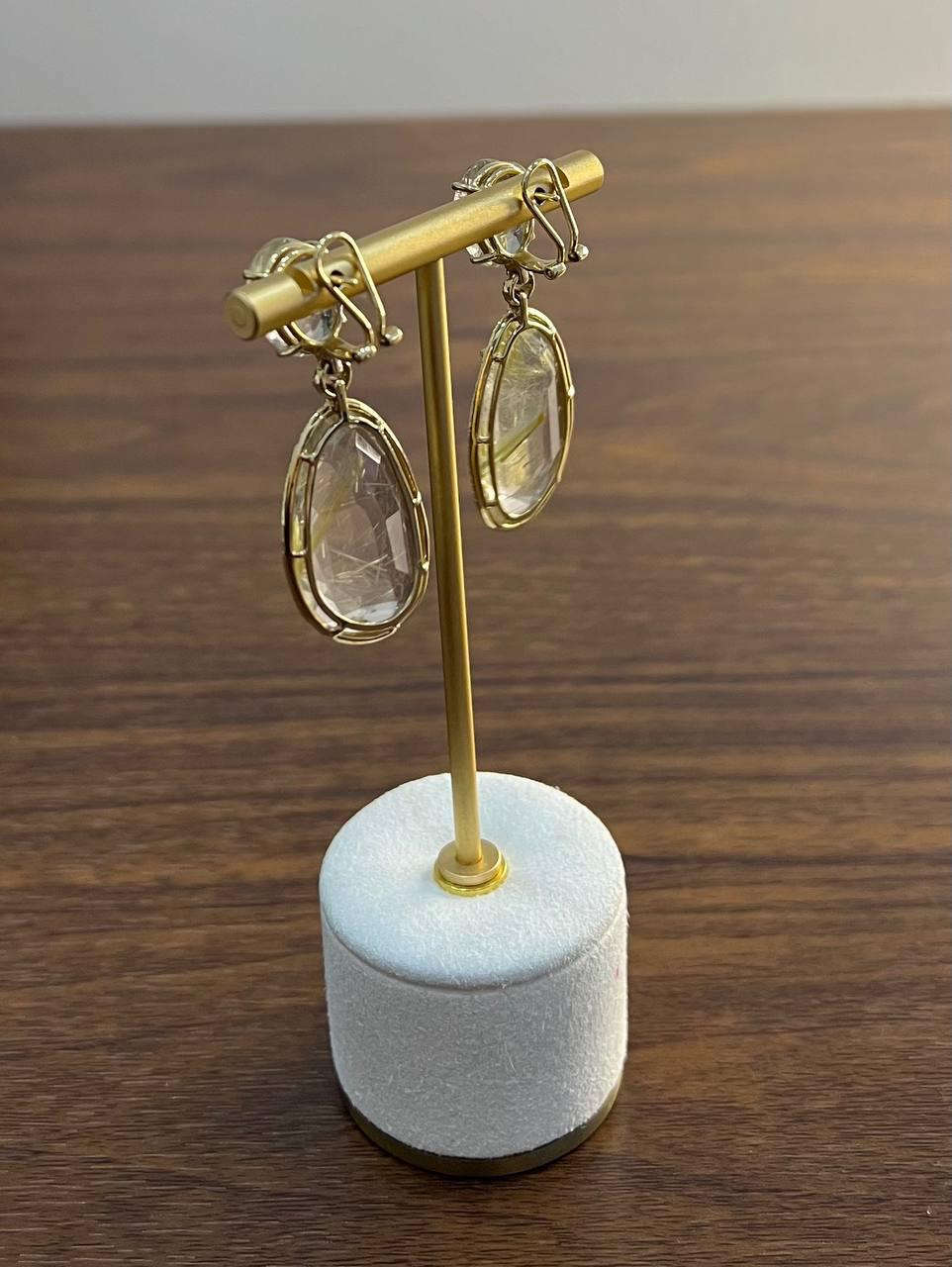 Free Shape Rutilated Rose Peach Quartz Diamond Halo 4K Gold Earrings