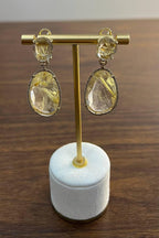 Free Shape Rutilated Rose Peach Quartz Diamond Halo 4K Gold Earrings