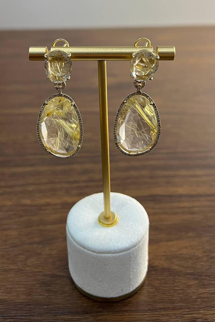 Free Shape Rutilated Rose Peach Quartz Diamond Halo 4K Gold Earrings