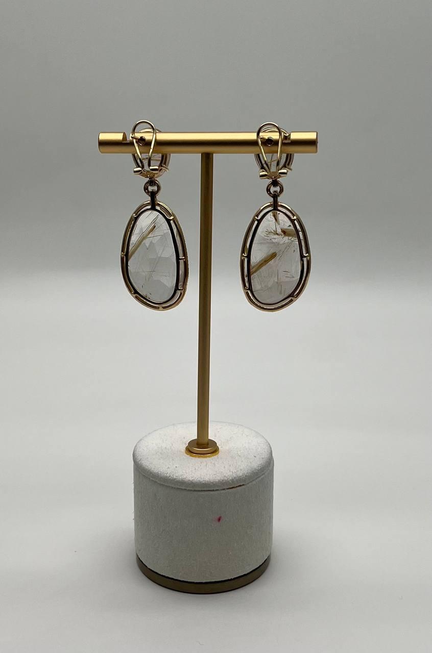 Free Shape Rutilated Rose Peach Quartz Diamond Halo 4K Gold Earrings