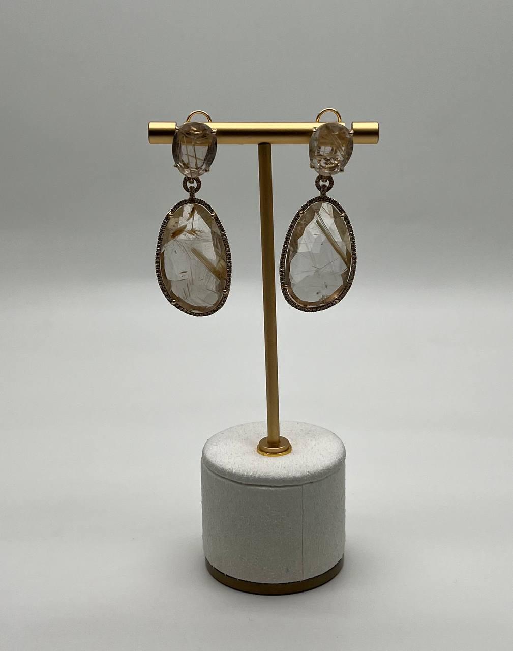 Free Shape Rutilated Rose Peach Quartz Diamond Halo 4K Gold Earrings