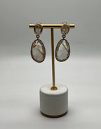 Free Shape Rutilated Rose Peach Quartz Diamond Halo 4K Gold Earrings