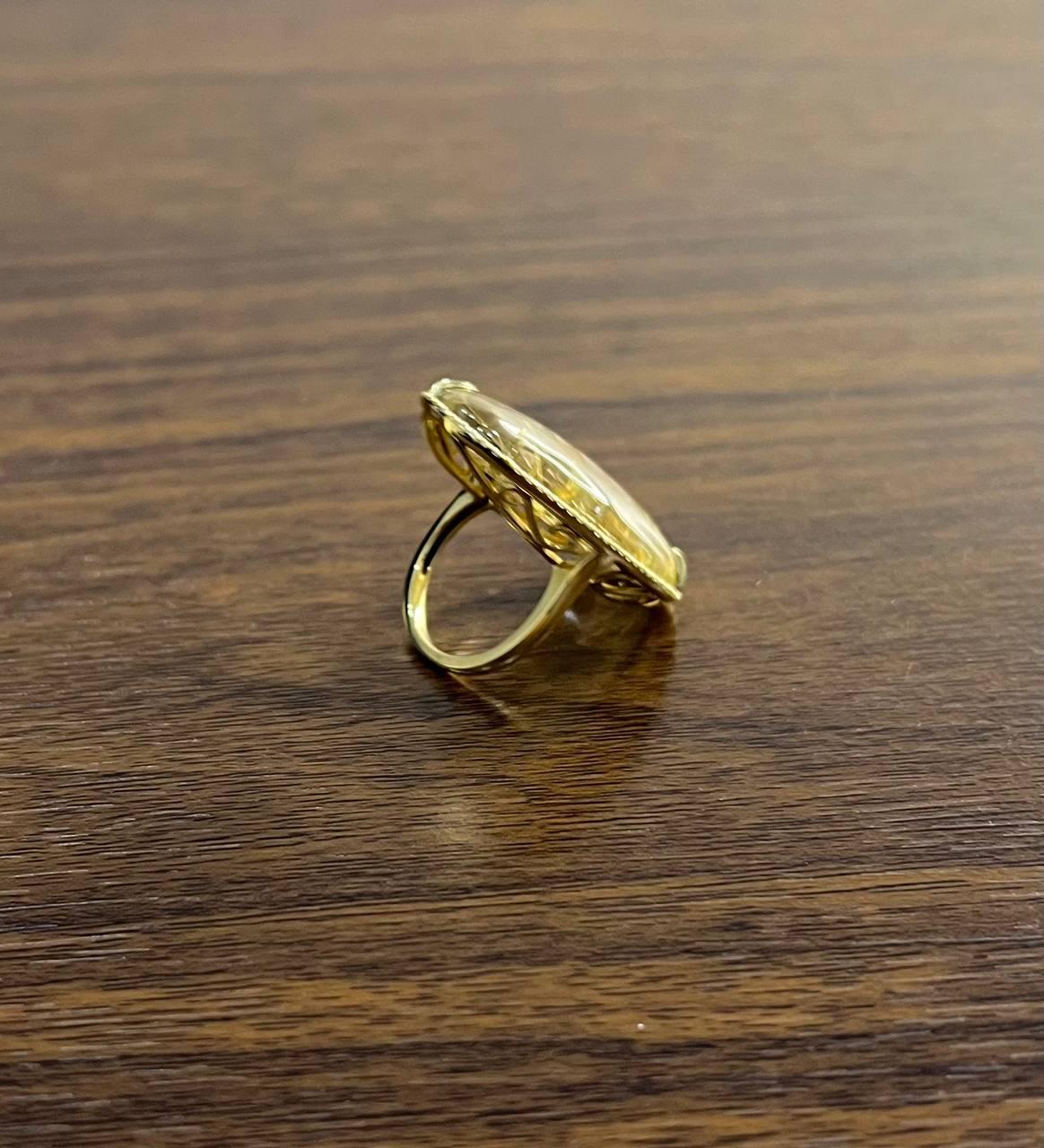 Oval Cabochon Rutilated Yellow Orange Quartz Diamond Halo 18K Yellow Gold Ring