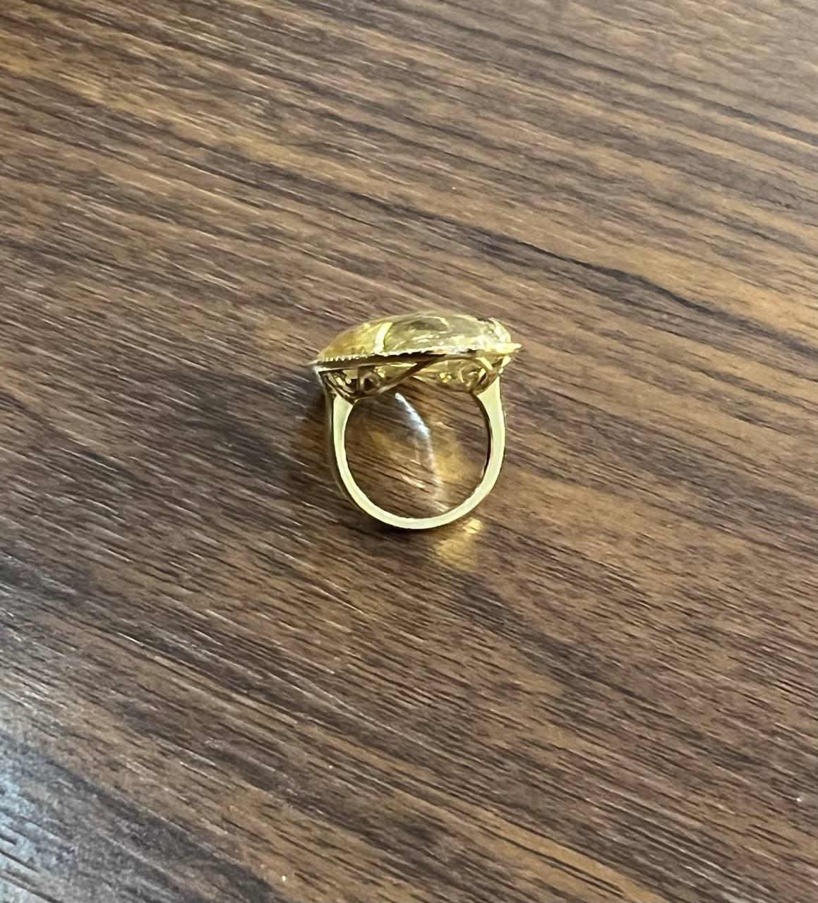 oval cabochon rutilated yellow orange quartz diamond halo 18k yellow gold ring
