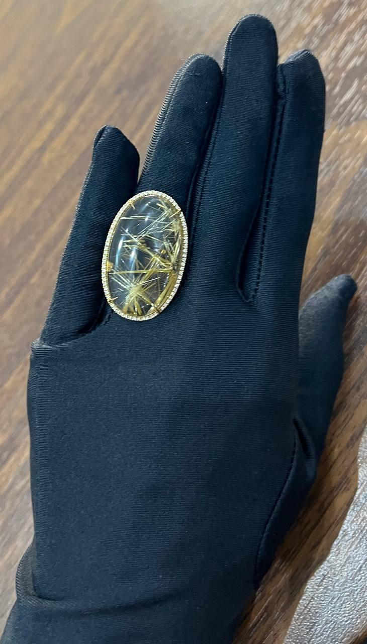 Oval Cabochon Rutilated Yellow Orange Quartz Diamond Halo 18K Yellow Gold Ring