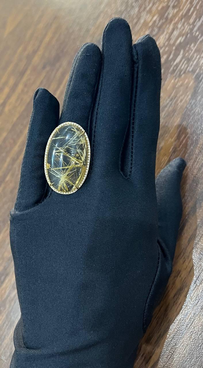 oval cabochon rutilated yellow orange quartz diamond halo 18k yellow gold ring