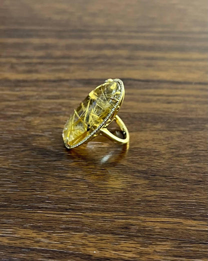 Oval Cabochon Rutilated Yellow Orange Quartz Diamond Halo 18K Yellow Gold Ring