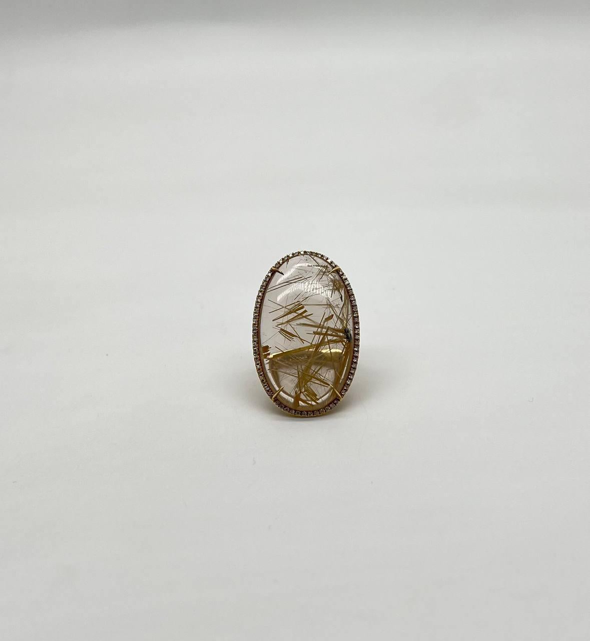Oval Cabochon Rutilated Yellow Orange Quartz Diamond Halo 18K Yellow Gold Ring